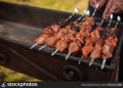 shashlik on a grill. Grilling marinated pork meat on a grill