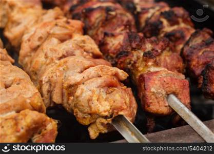 Shashlik on skewers closeup, raw and cooked