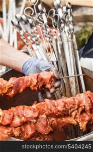 Shashlik on skewers closeup. Raw meat. Preparation for cooking