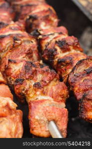 Shashlik on skewers closeup - roasted meat slices