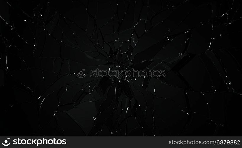 Shattered or demolished glass over black background. high resolution 3d illustration, 3d rendering