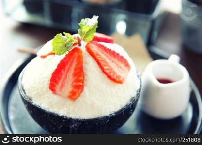 Shaved ice with milk and strawberry