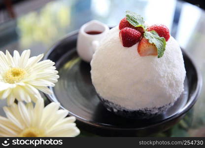 Shaved ice with milk and strawberry