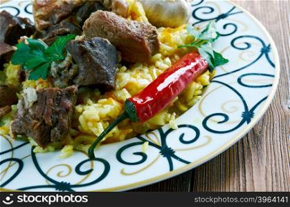shavlya - Uzbek rice dish with lamb and rice. Central Asian cuisine