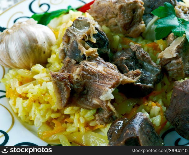 shavlya - Uzbek rice dish with lamb and rice. Central Asian cuisine