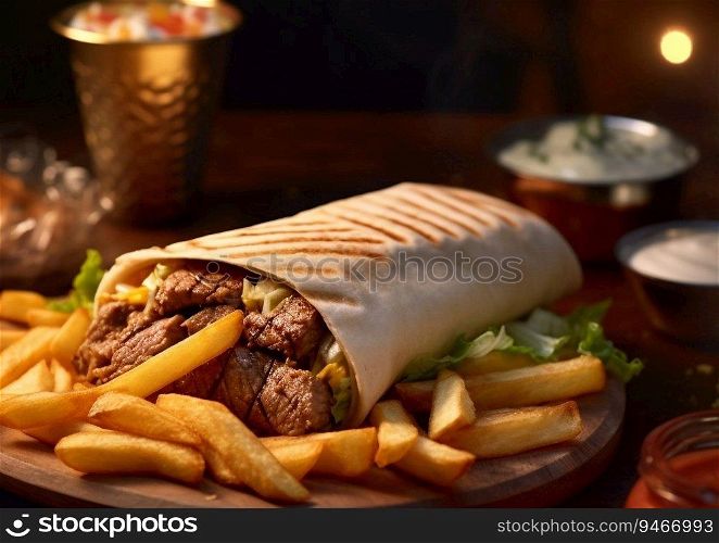 Shawarma doner kebab meal with french fries.AI Generative.