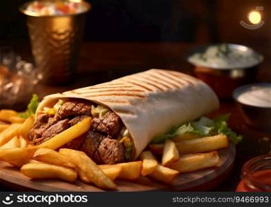 Shawarma doner kebab meal with french fries.AI Generative.