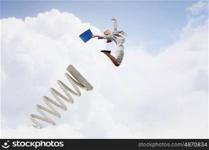 She did great career jump. Businesswoman jumping on springboard as progress concept