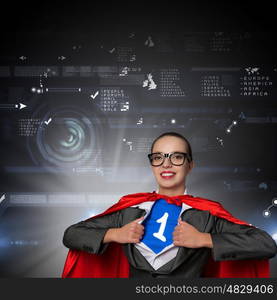 She is always the first. Businesswoman wearing red cape and opening her shirt like superhero