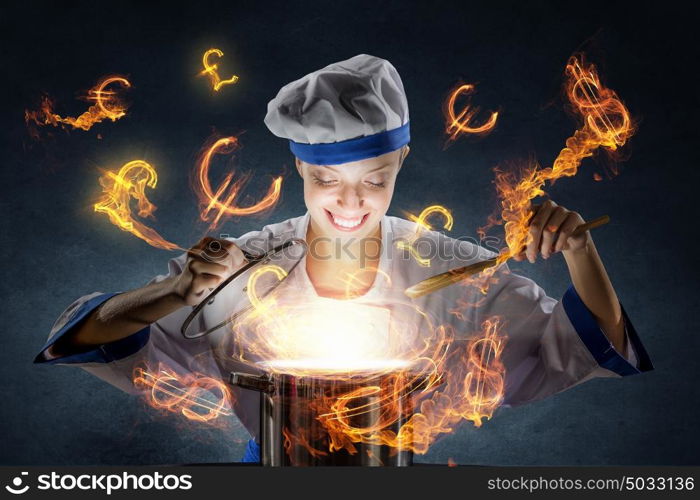 She is magician as cook. Pretty woman cook in hat and apron opening pot