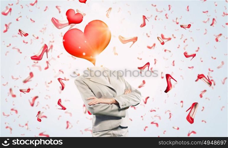 She is pretty romantic. Woman with red heart instead of head and shoes falling down