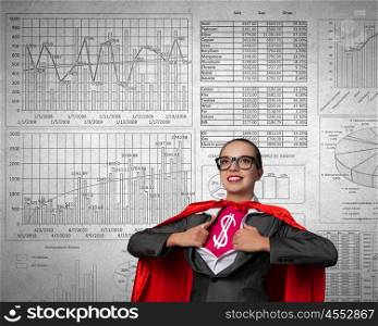 She is super financier. Young woman acting like super hero with dollar sign on chest