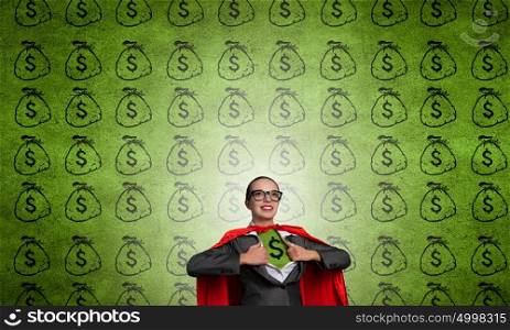 She is super financier. Young woman acting like super hero with euro sign on chest