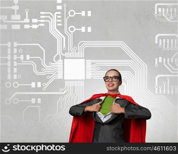 She is super professional. Businesswoman in glasses and red cape acting like superhero