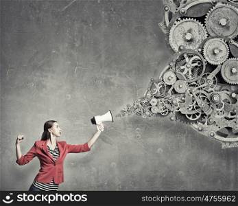 She possesses constructive thinking. Pretty woman screaming in megaphone with gears as concept of well organized work process