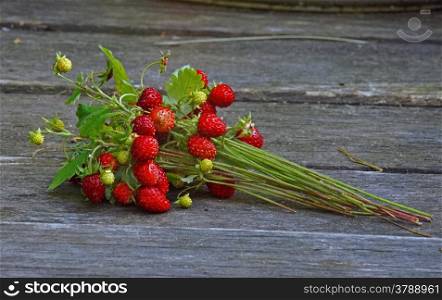 Sheaf of wild strawberry with berries on wooden table