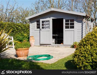 Shed with terrace. Shed with terrace in a garden during spring