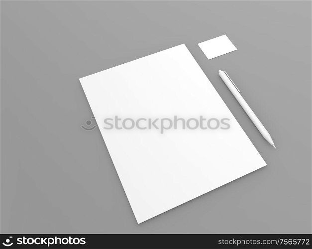 Sheet A4 pen credit card mockup. 3d render illustration.. A4 sheet pen credit card mockup on gray background.