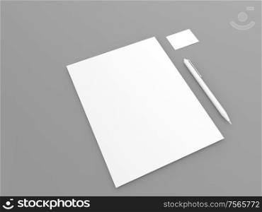 Sheet A4 pen credit card mockup. 3d render illustration.. A4 sheet pen credit card mockup on gray background.