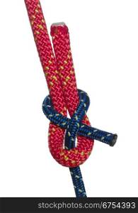 Sheet Bend Knot Made of a Thick Red and a Thin Blue Rope . Sheet Bend Knot