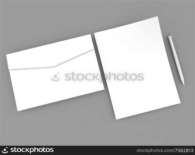 Sheet of paper, envelope and pen on a gray background. 3d render illustration.. Sheet of paper, envelope and pen on a gray background.