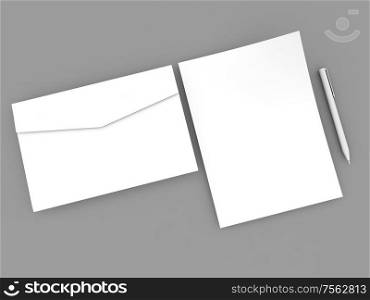 Sheet of paper, envelope and pen on a gray background. 3d render illustration.. Sheet of paper, envelope and pen on a gray background.