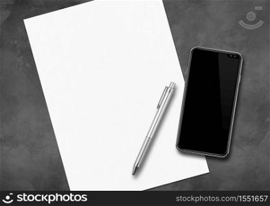 Sheet of paper, pen and smartphone on a concrete desk