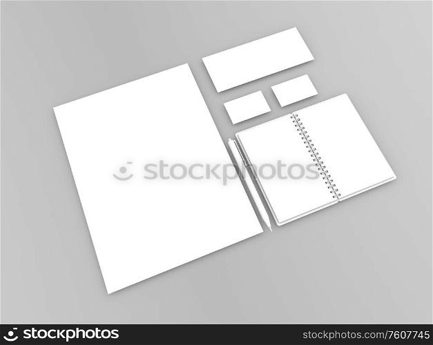Sheet of paper, pen, business cards, spiral notebook on a gray background. 3d render illustration.. Sheet of paper, pen, business cards, spiral notebook on a gray background.