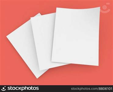 Sheets of A4 paper on a red background. 3d render illustration.