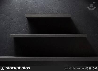 shelf and black wall wooden background