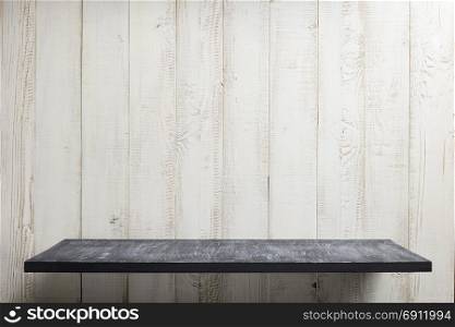 shelf at white plank wooden background texture
