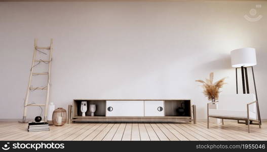 Shelf Cabinet minimalist, Modern japanese white room. 3d rendering