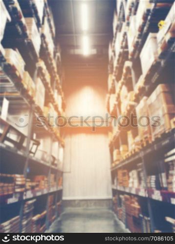 shelf in modern distribution warehouse or storehouse, industrial warehouse interior aisle