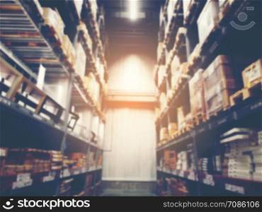 shelf in modern distribution warehouse or storehouse, industrial warehouse interior aisle