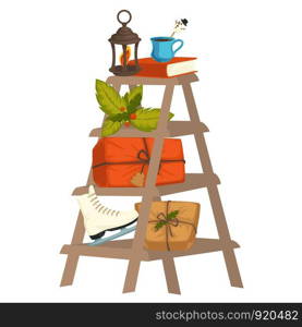 Shelf in shape of ladder with Christmas interior decor elements home design furniture, lantern and coffee cup book and holly plant holiday parcels in craft stylish paper skate vector illustration. Shelf with Christmas interior decor elements, home design
