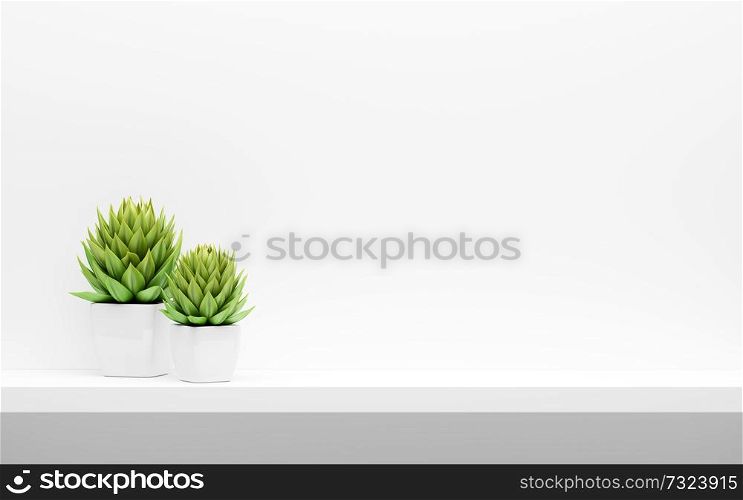 shelf on white wall with green potted plants mock up. 3d illustration