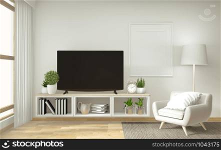 shelf tv in zen modern empty room, mock up minimal design, 3d rendering