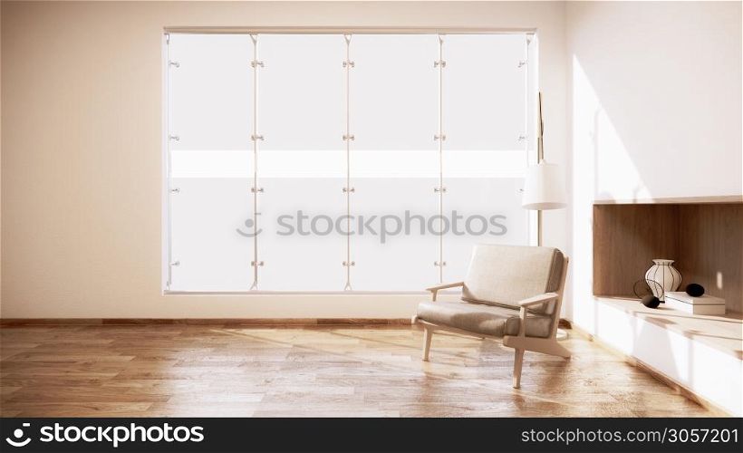 shelf wall in modern empty room Japanese and armchair minimal designs. 3D rendering