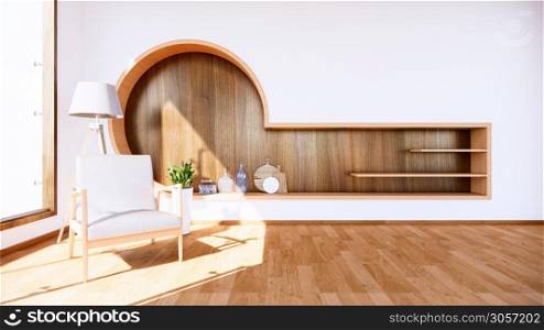 shelf wall in modern empty room Japanese and armchair minimal designs. 3D rendering