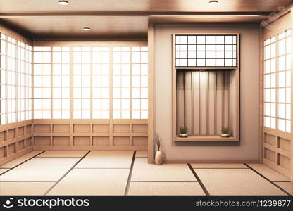 shelf wall on Living room japanese deisgn with tatami mat floor. 3D rendering