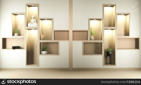 Shelf wall room zen style and decoraion wooden design, earth tone.3D rendering