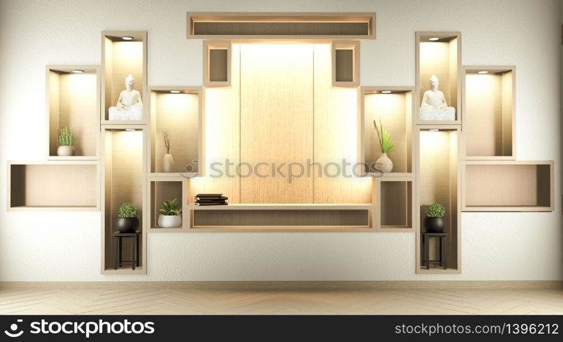 Shelf wall room zen style and decoraion wooden design, earth tone.3D rendering