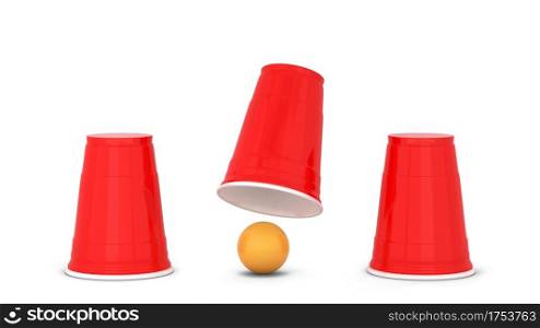 Shell game. Three red plastic cups. 3d illustration isolated on white background