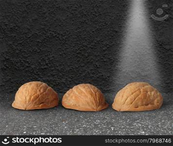 Shell game with three walnut shells on city street pavement with a light shinning on the winning choice as a business concept of choosing the right investment with the assistance of professional guidance.