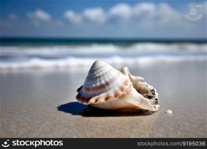 Shell on sea sunny beach. Nature summer. Generate Ai. Shell on sea sunny beach. Generate Ai