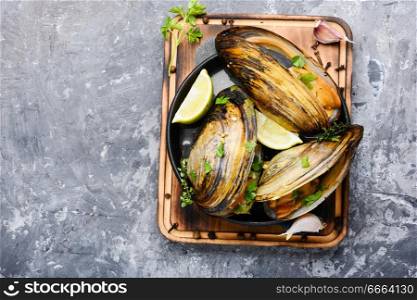 Shellfish mussels in pan with lemon and herbs.Mussels with lemon. Seafood. Delicious seafood mussels