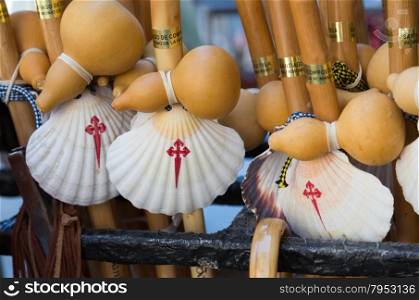 Shells and typical canes of the way of Santiago, Spain