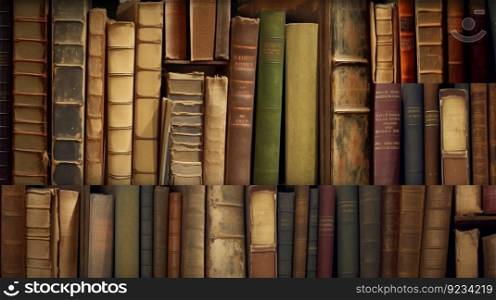 Shelves with old books, folios, textbooks, background. Header banner mockup with copy space. AI generated.. Shelves with old books, folios, textbooks, background. AI generated.