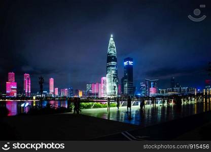 Shenzhen, China - August, 2019: Shenzhen city skyline night scenery, China