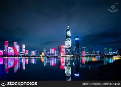 Shenzhen, China - August, 2019: Shenzhen cityscape at night